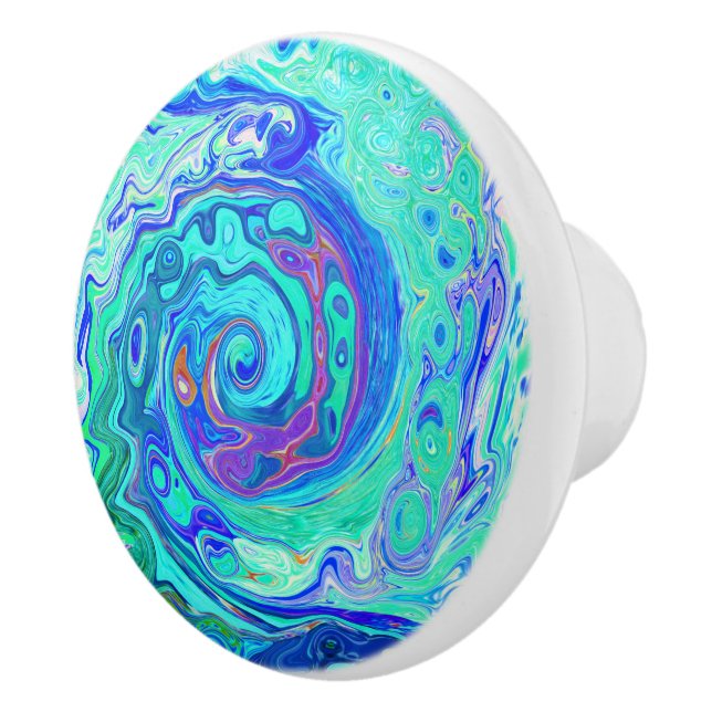 Groovy Abstract Ocean Blue and Green Liquid Swirl Ceramic Knob (Right)