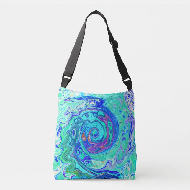 Groovy Abstract Ocean Blue and Green Liquid Swirl Crossbody Bag (Front)