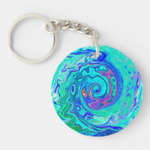 Groovy Abstract Ocean Blue and Green Liquid Swirl Key Ring