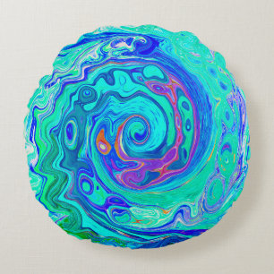 Groovy Abstract Ocean Blue and Green Liquid Swirl Round Cushion