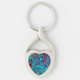 Groovy Abstract Retro Art in Blue and Red Key Ring
