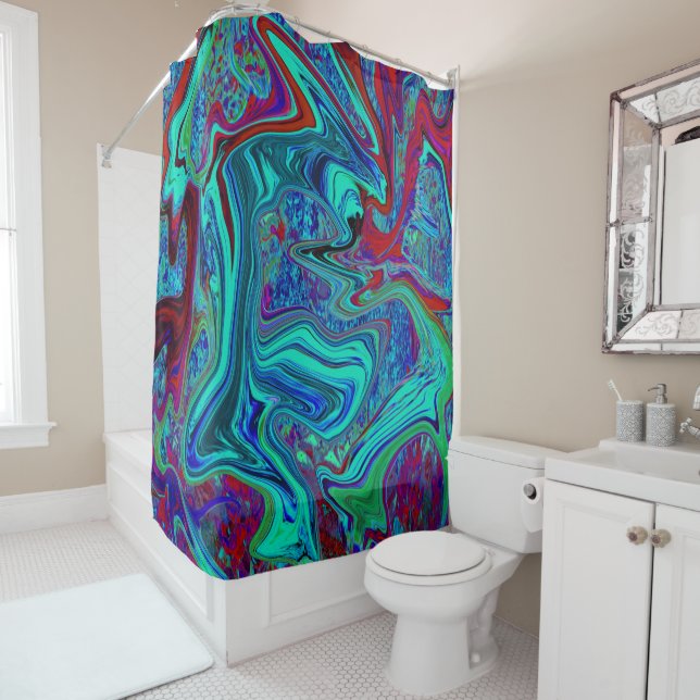 Groovy Abstract Retro Art in Blue and Red Shower Curtain (In Situ)