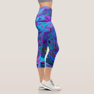 Groovy Abstract Retro Blue and Purple Swirl Capri Leggings
