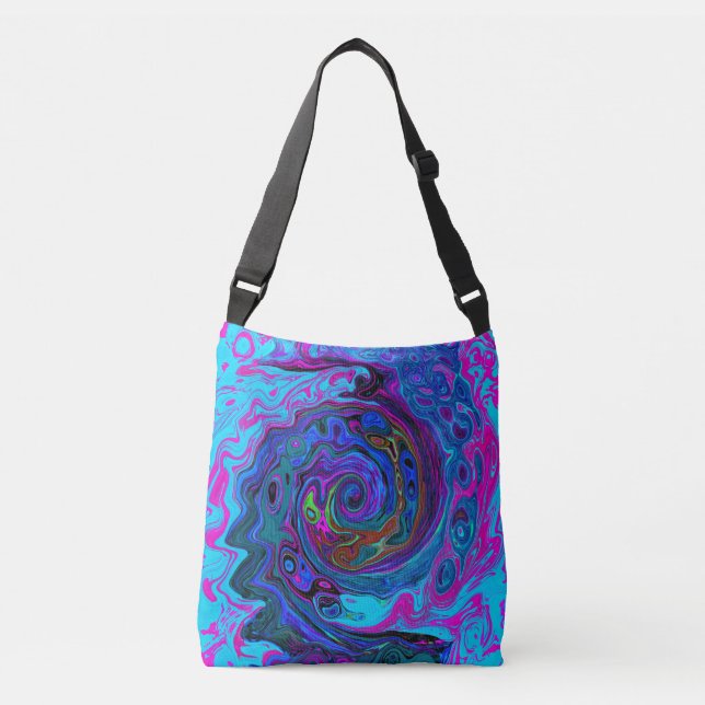 Groovy Abstract Retro Blue and Purple Swirl Crossbody Bag (Front)