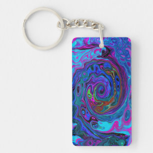 Groovy Abstract Retro Blue and Purple Swirl Key Ring