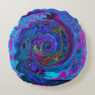 Groovy Abstract Retro Blue and Purple Swirl Round Cushion