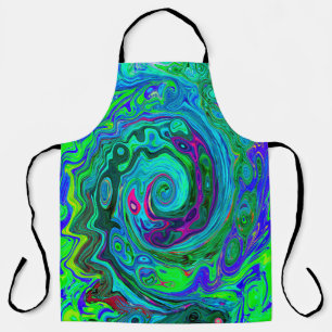 Groovy Abstract Retro Green and Blue Swirl Apron