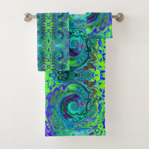 Groovy Abstract Retro Green and Blue Swirl Bath Towel Set