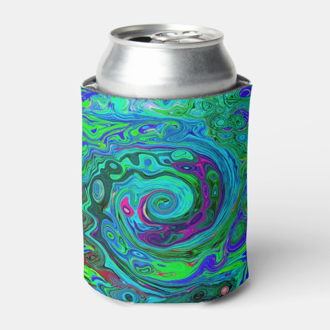 Groovy Abstract Retro Green and Blue Swirl Can Cooler (Can Front)