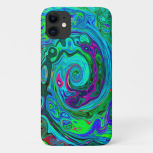 Groovy Abstract Retro Green and Blue Swirl iPhone 11 Case