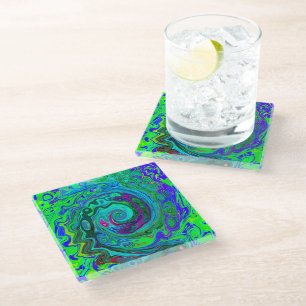 Groovy Abstract Retro Green and Blue Swirl Glass Coaster