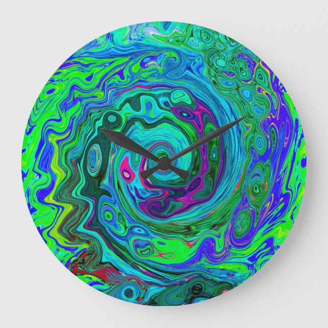 Groovy Abstract Retro Green and Blue Swirl Large Clock (Front)