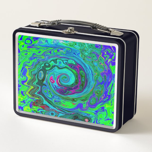 Groovy Abstract Retro Green and Blue Swirl Metal Lunch Box (Front)