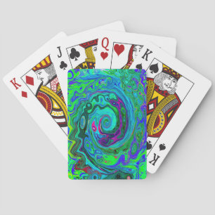 Groovy Abstract Retro Green and Blue Swirl Playing Cards