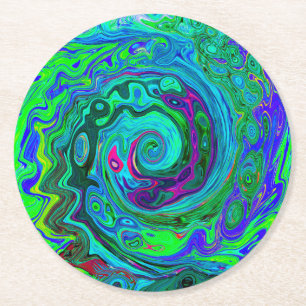 Groovy Abstract Retro Green and Blue Swirl Round Paper Coaster