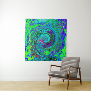 Groovy Abstract Retro Green and Blue Swirl Tapestry