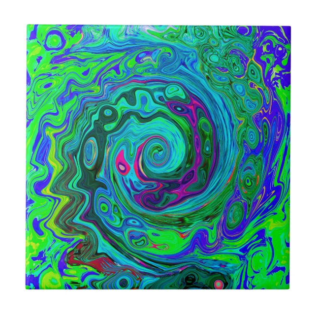 Groovy Abstract Retro Green and Blue Swirl Tile (Front)