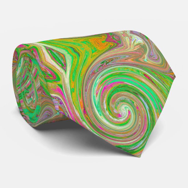 Groovy Abstract Retro Green and Hot Pink Swirl Tie (Rolled)