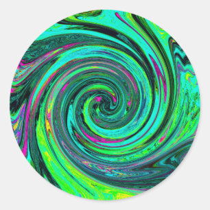 Groovy Abstract Retro Green and Magenta Swirl Classic Round Sticker