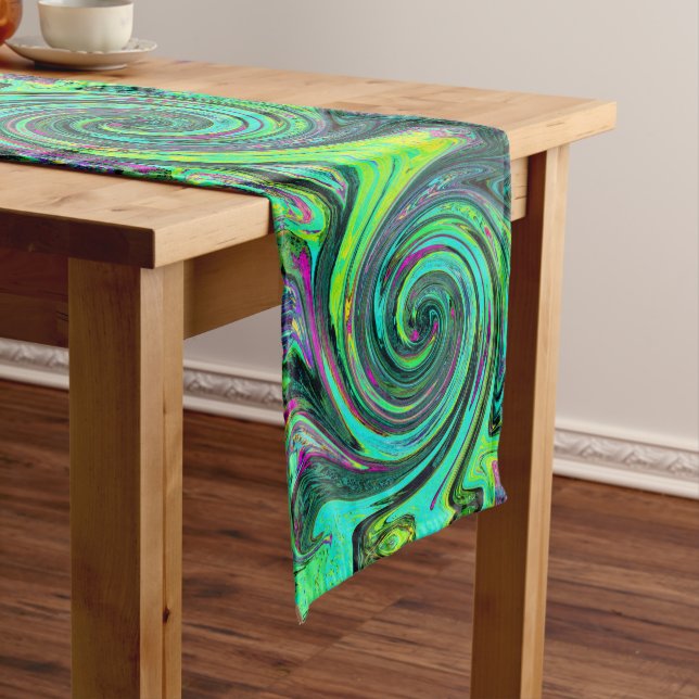 Groovy Abstract Retro Green and Magenta Swirl Long Table Runner (In Situ)
