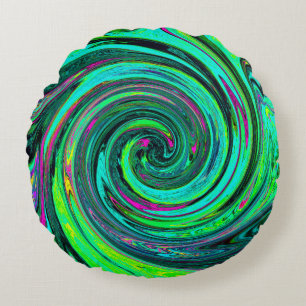 Groovy Abstract Retro Green and Magenta Swirl Round Cushion