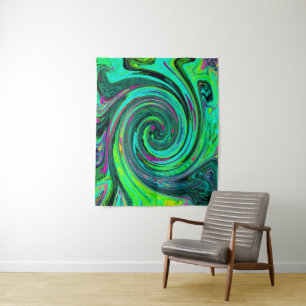 Groovy Abstract Retro Green and Magenta Swirl Tapestry