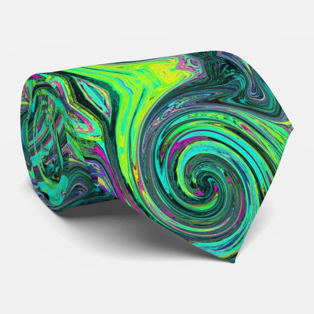 Groovy Abstract Retro Green and Magenta Swirl Tie (Rolled)