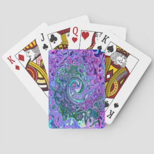 Groovy Abstract Retro Green and Purple Swirl Playing Cards