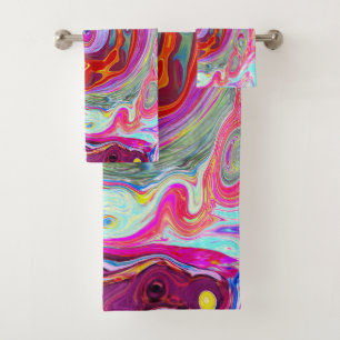 Groovy Abstract Retro Hot Pink and Blue Swirl Bath Towel Set