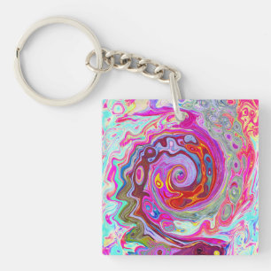 Groovy Abstract Retro Hot Pink and Blue Swirl Key Ring