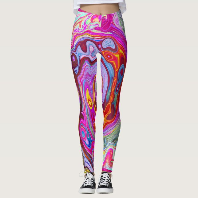 Groovy Abstract Retro Hot Pink and Blue Swirl Leggings (Front)
