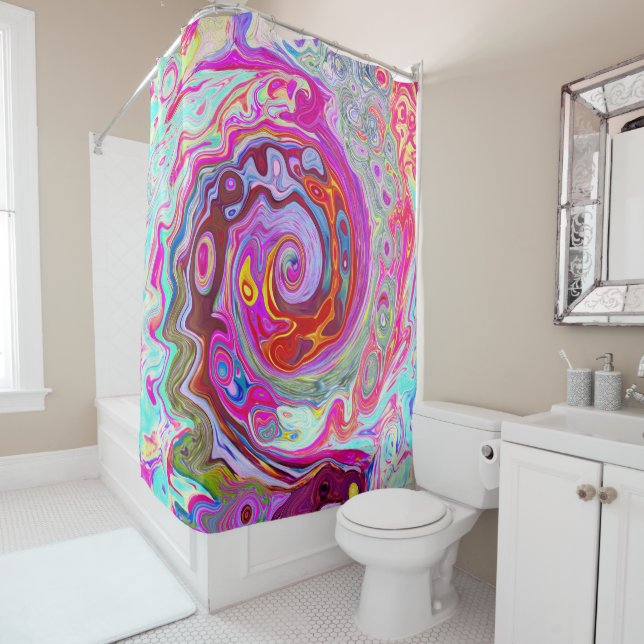 Groovy Abstract Retro Hot Pink and Blue Swirl Shower Curtain (In Situ)