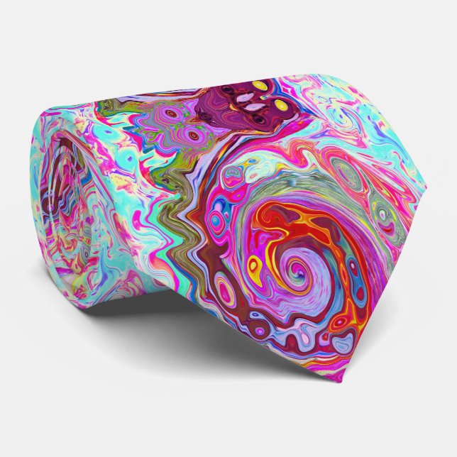 Groovy Abstract Retro Hot Pink and Blue Swirl Tie (Rolled)