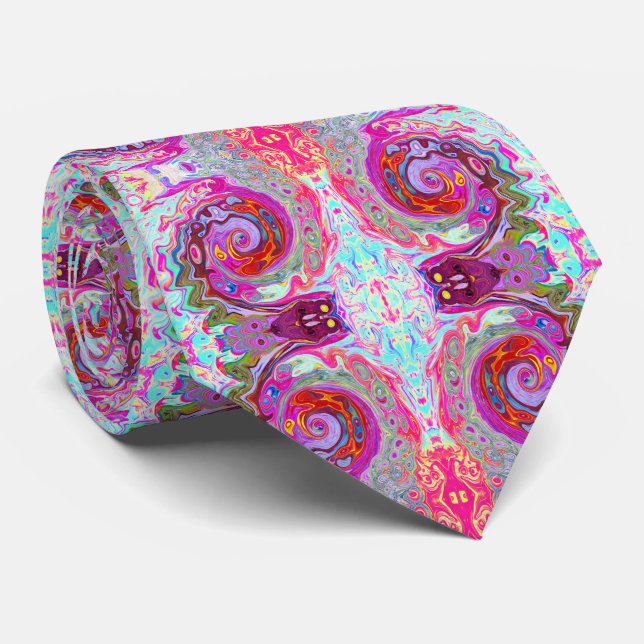 Groovy Abstract Retro Hot Pink and Blue Swirl Tie (Rolled)