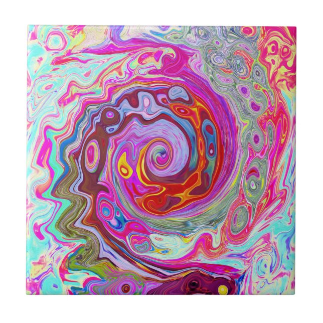 Groovy Abstract Retro Hot Pink and Blue Swirl Tile (Front)
