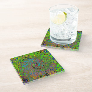 Groovy Abstract Retro Lime Green and Blue Swirl Glass Coaster