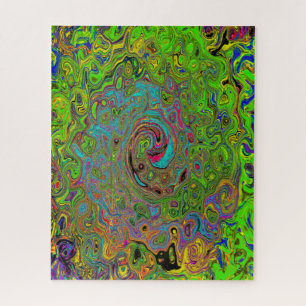 Groovy Abstract Retro Lime Green and Blue Swirl Jigsaw Puzzle