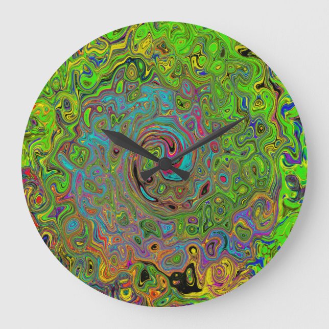 Groovy Abstract Retro Lime Green and Blue Swirl Large Clock (Front)