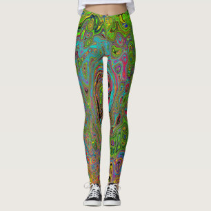 Groovy Abstract Retro Lime Green and Blue Swirl Leggings