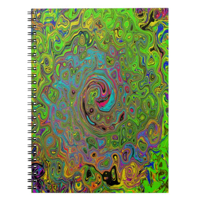 Groovy Abstract Retro Lime Green and Blue Swirl Notebook (Front)