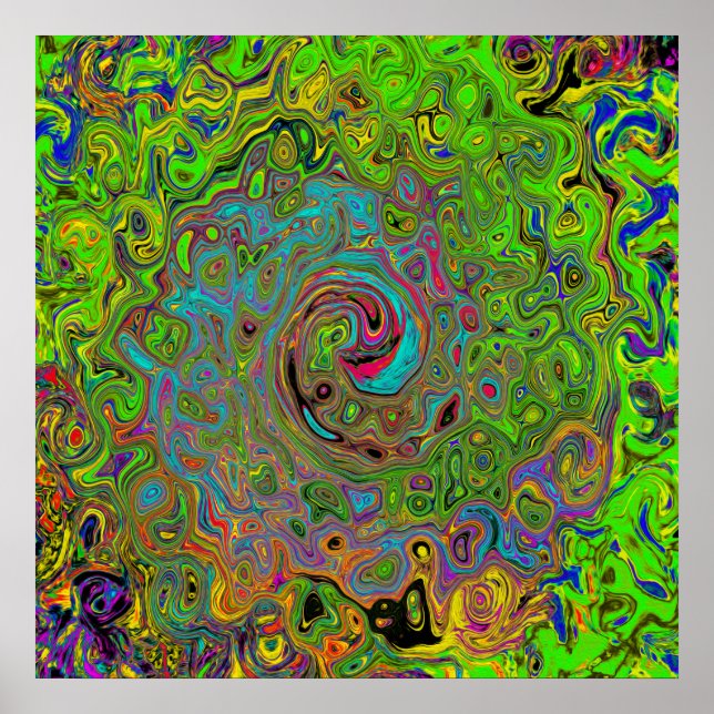 Groovy Abstract Retro Lime Green and Blue Swirl Poster (Front)