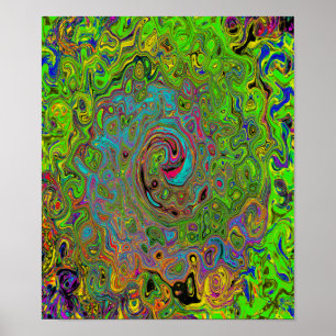 Groovy Abstract Retro Lime Green and Blue Swirl Poster