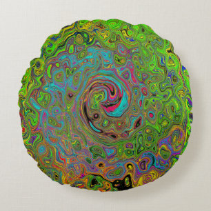Groovy Abstract Retro Lime Green and Blue Swirl Round Cushion