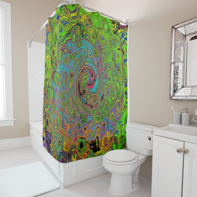 Groovy Abstract Retro Lime Green and Blue Swirl Shower Curtain (In Situ)