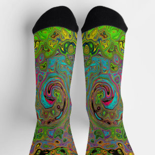 Groovy Abstract Retro Lime Green and Blue Swirl Socks