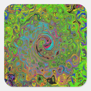 Groovy Abstract Retro Lime Green and Blue Swirl Square Sticker