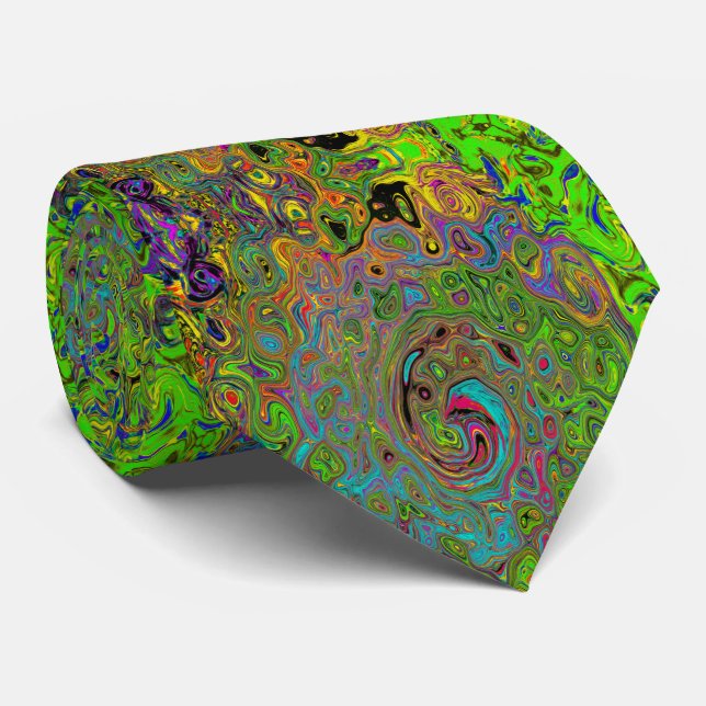 Groovy Abstract Retro Lime Green and Blue Swirl Tie (Rolled)