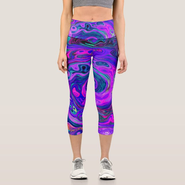 Groovy Abstract Retro Magenta and Purple Swirl Capri Leggings (Front)