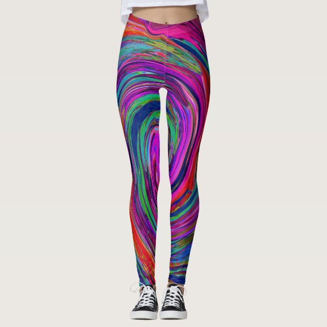 Groovy Abstract Retro Magenta Dark Rainbow Swirl Leggings (Front)