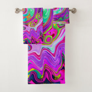 Groovy Abstract Retro Magenta Rainbow Swirl Bath Towel Set